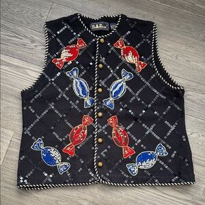 Belle Point | Vintage Black Knit Vest with Candy Design and Sequins Size Large
